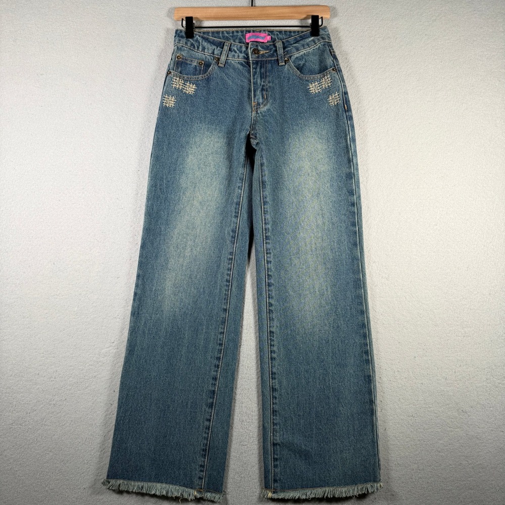 Edikted Womens Wide Leg Jeans Medium Wash Embroidered Frayed Hem Size XS 27x30